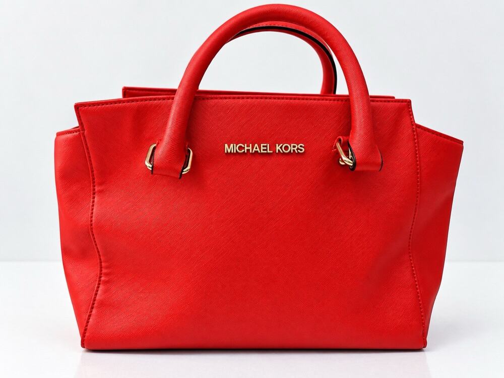 Michael Kors Red Saffiano Tote Satchel Handbag Gold Hardware Shoulder Bag